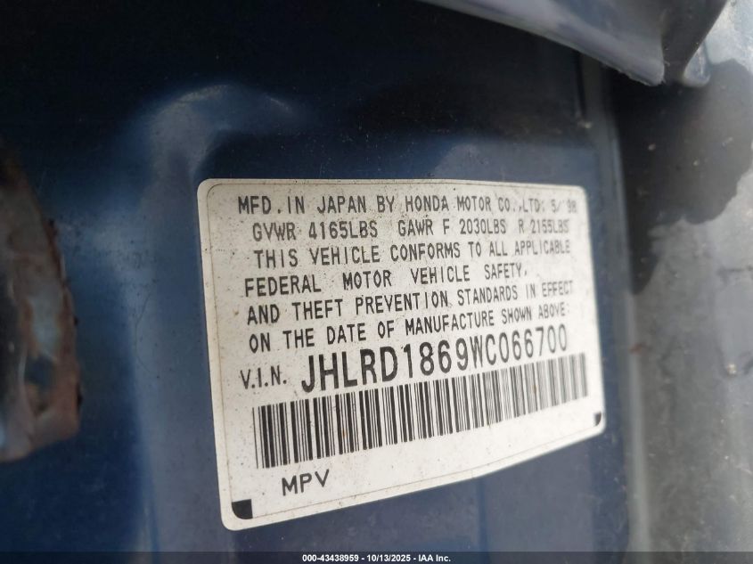 1998 Honda Cr-V VIN: JHLRD1869NC066700 Lot: 43438959