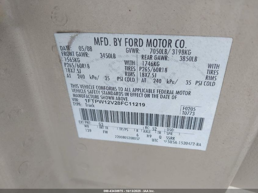 2008 Ford F-150 60Th Anniversary/Fx2/King Ranch/Lariat/Xlt VIN: 1FTPW12V28FC11219 Lot: 43438975