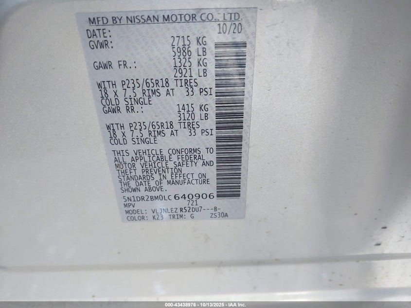 2020 NISSAN PATHFINDER SV 4WD 5N1DR2BM0LC640906