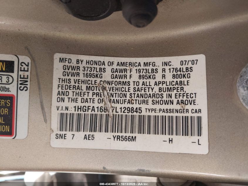 2007 Honda Civic Ex VIN: 1HGFA16807L129845 Lot: 43438977