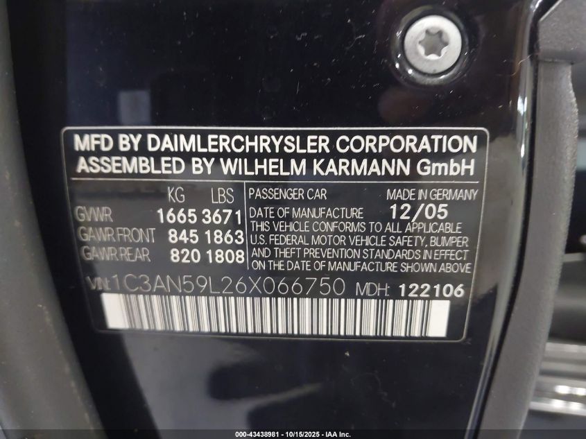 2006 Chrysler Crossfire VIN: 1C3AN59L26X066750 Lot: 43438981