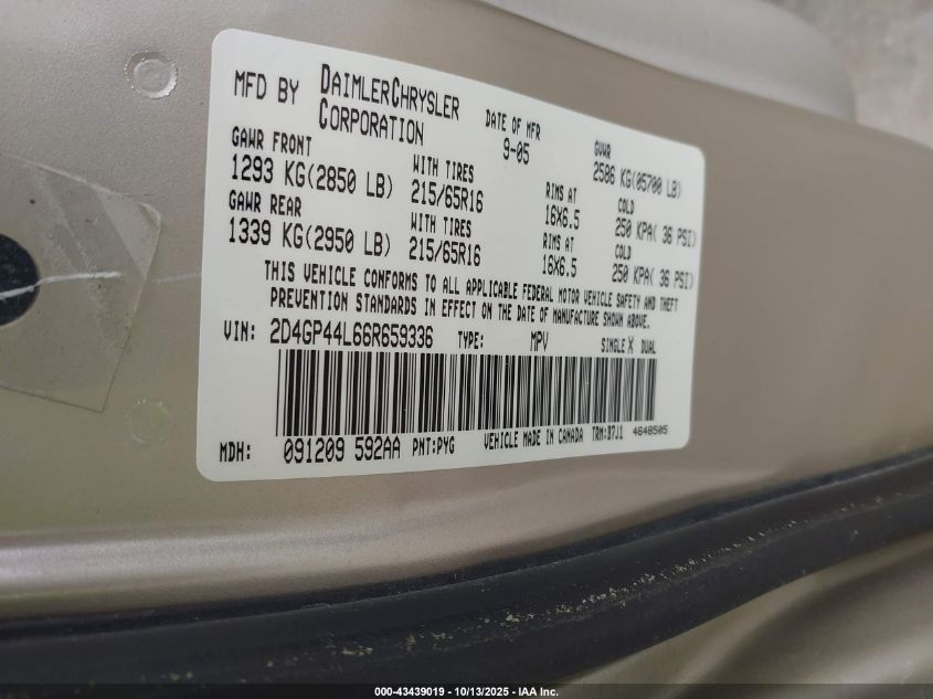 2006 Dodge Grand Caravan Sxt VIN: 2D4GP44L66R659336 Lot: 43439019