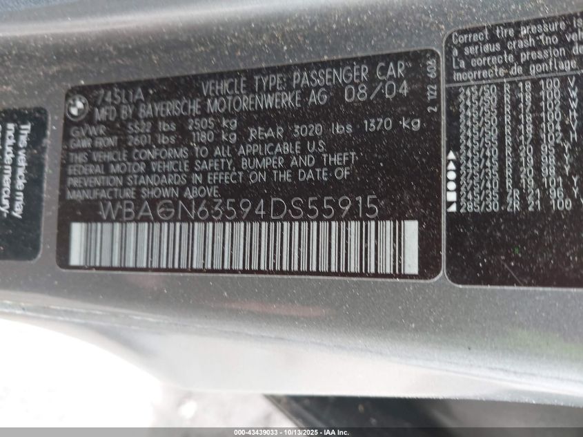 2004 BMW 745Li VIN: WBAGN63594DS55915 Lot: 43439033