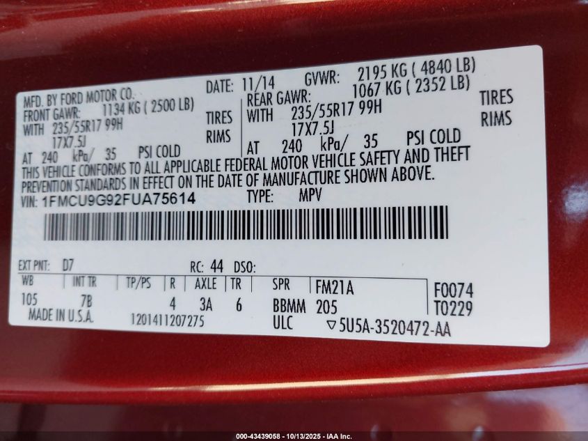 2015 Ford Escape Se VIN: 1FMCU9G92FUA75614 Lot: 43439058