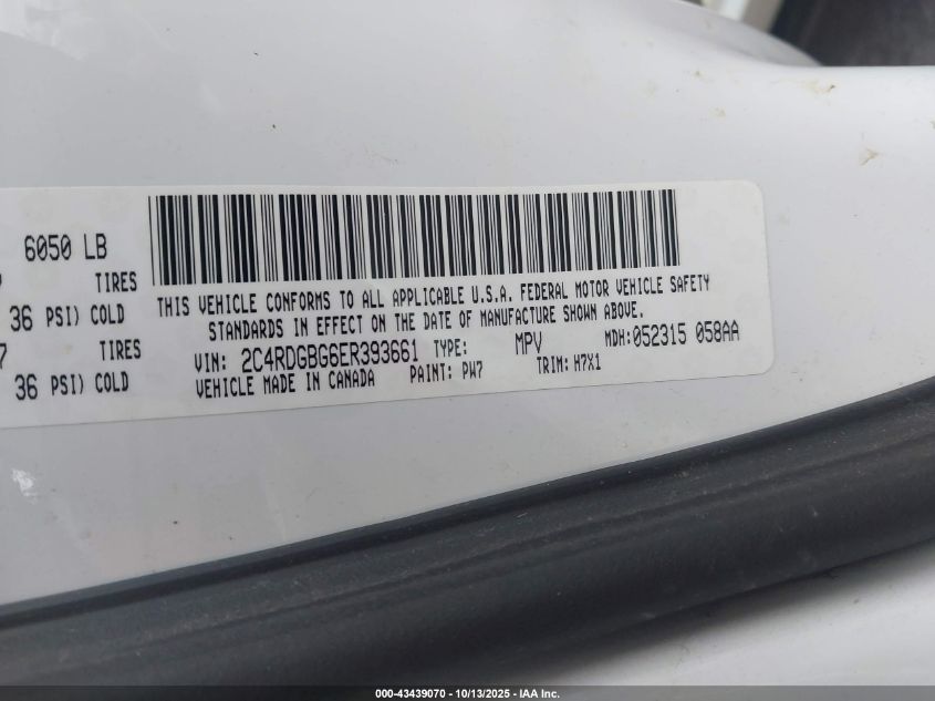 2014 Dodge Grand Caravan Se VIN: 2C4RDGBG6ER393661 Lot: 43439070