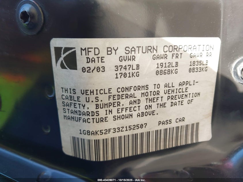 2003 Saturn Ion 3 VIN: 1G8AK52F33Z152507 Lot: 43439071