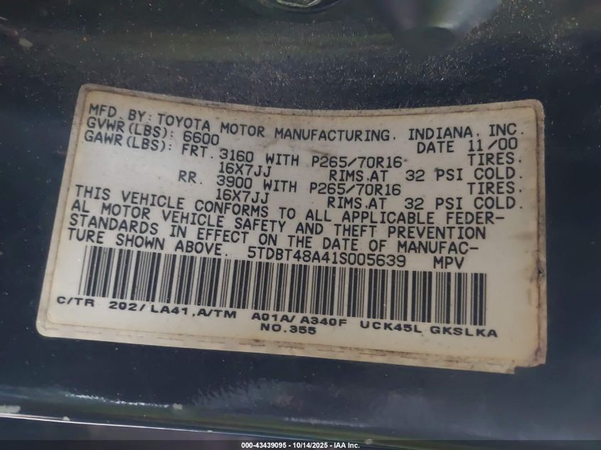 2001 Toyota Sequoia Limited V8 VIN: 5TDBT48A41S005639 Lot: 43439095