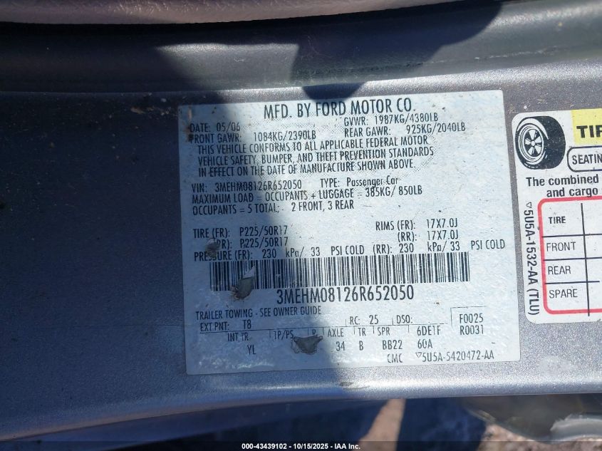 2006 Mercury Milan V6 Premier VIN: 3MEHM08126R652050 Lot: 43439102