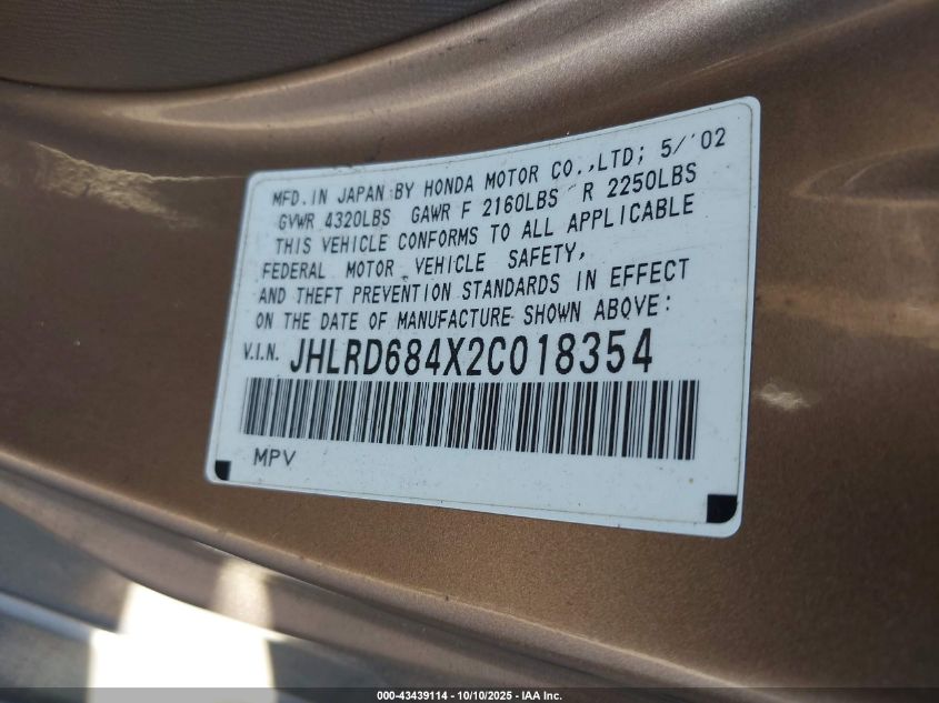 2002 Honda Cr-V Lx VIN: JHLRD684X2C018354 Lot: 43439114