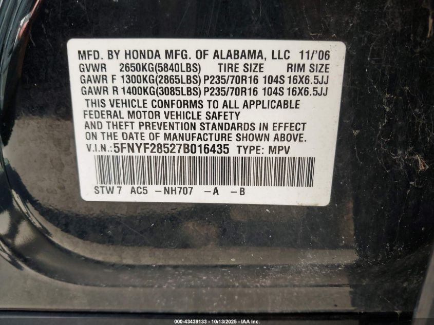 2007 Honda Pilot Ex-L VIN: 5FNYF28527B016435 Lot: 43439133