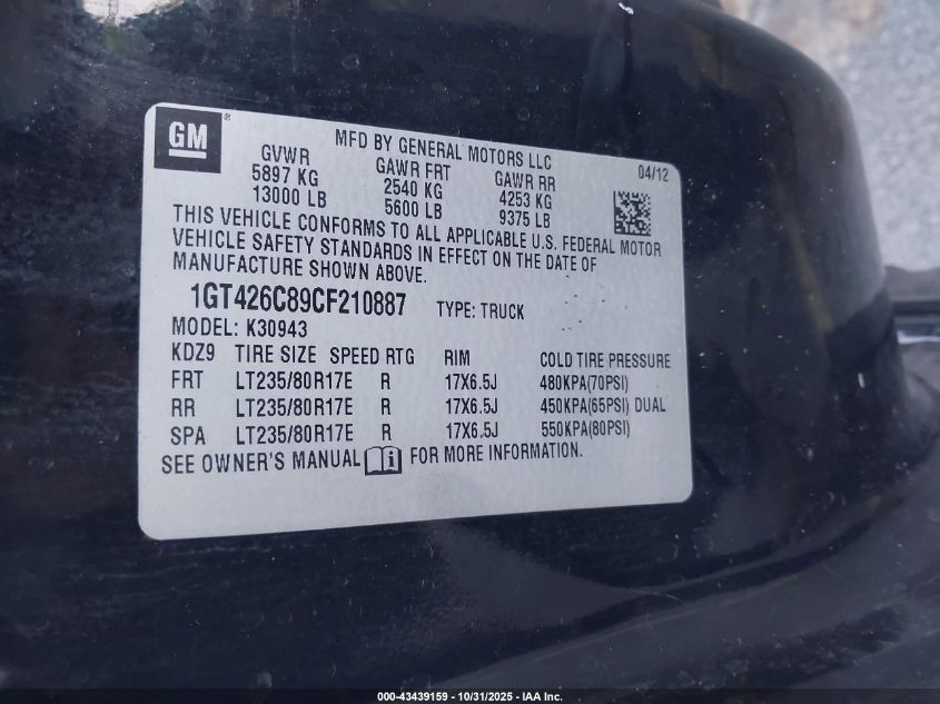 2012 GMC Sierra 3500Hd Denali VIN: 1GT426C89CF210887 Lot: 43439159