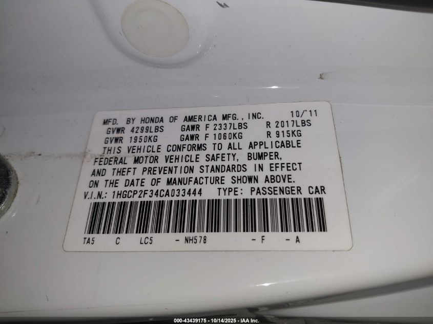 2012 Honda Accord 2.4 Lx VIN: 1HGCP2F34CA033444 Lot: 43439175