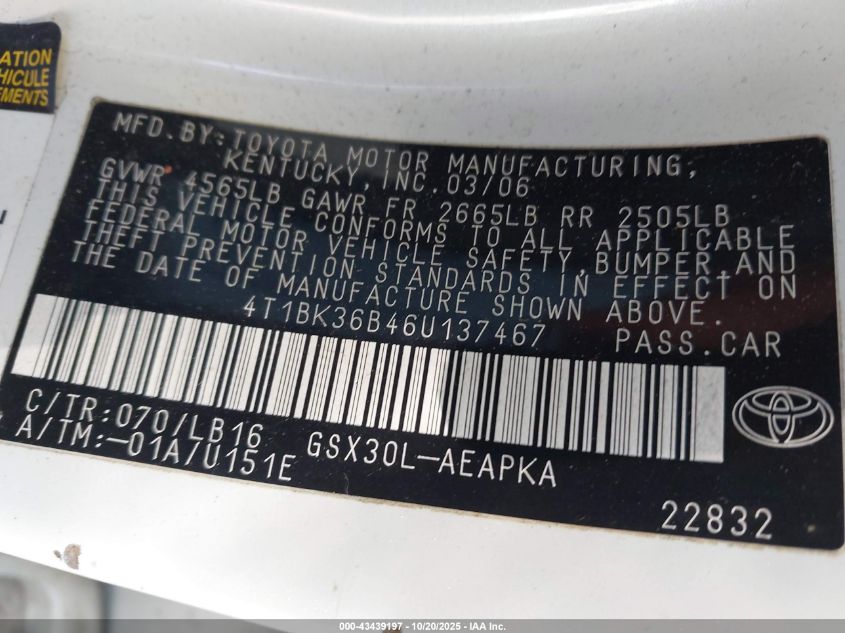 2006 Toyota Avalon Limited VIN: 4T1BK36B46U137467 Lot: 43439197