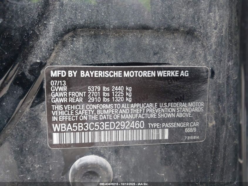 2014 BMW 535I xDrive VIN: WBA5B3C53ED292460 Lot: 43439215