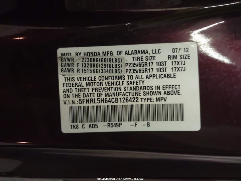 2012 Honda Odyssey Ex-L VIN: 5FNRL5H64CB126422 Lot: 43439228