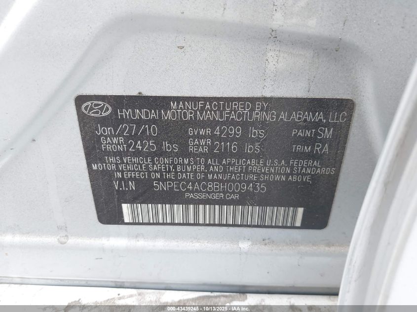 2011 Hyundai Sonata Limited VIN: 5NPEC4AC8BH009435 Lot: 43439245