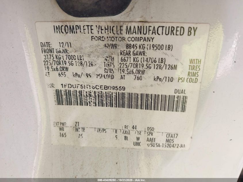 2012 Ford F-550 Chassis Xl VIN: 1FDUF5HT6CEB09559 Lot: 43439250