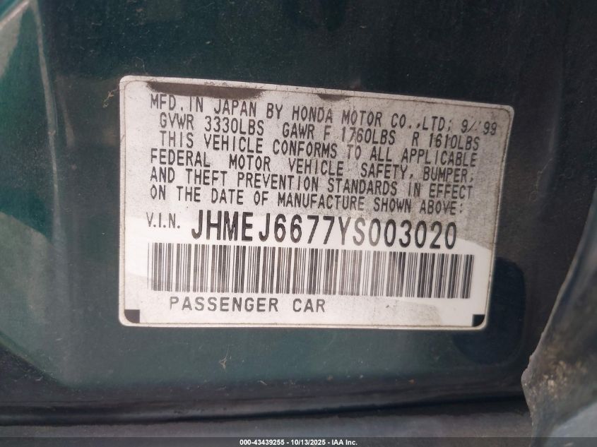 2000 Honda Civic Lx VIN: JHMEJ6677YS003020 Lot: 43439255