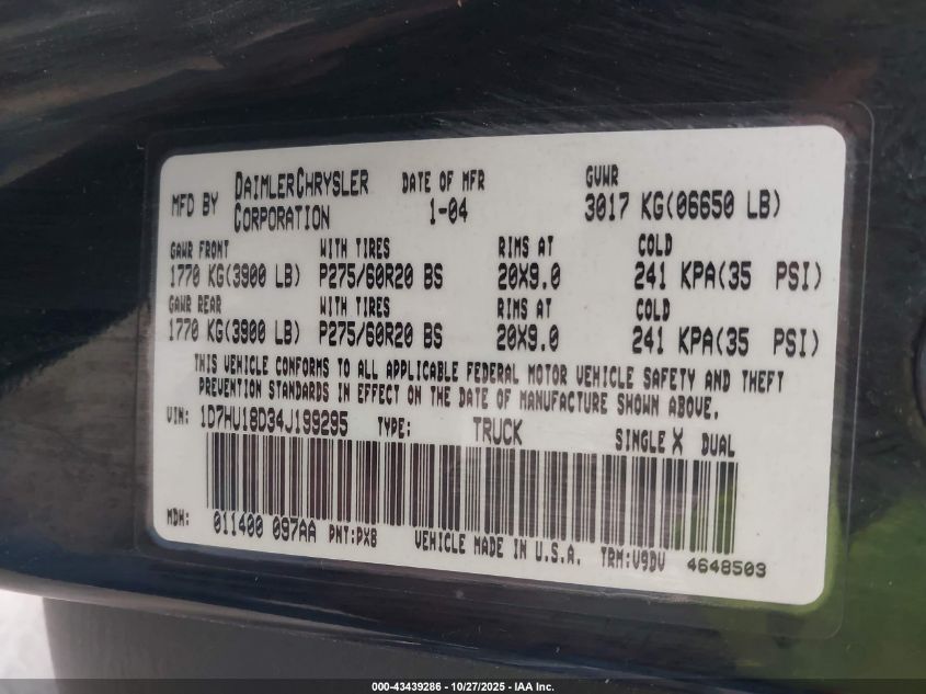 2004 Dodge Ram 1500 Slt/Laramie VIN: 1D7HU18D34J199295 Lot: 43439286