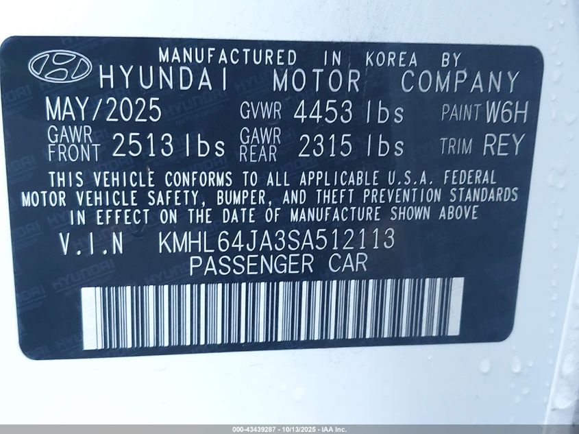2025 Hyundai Sonata Sel VIN: KMHL64JA3SA512113 Lot: 43439287