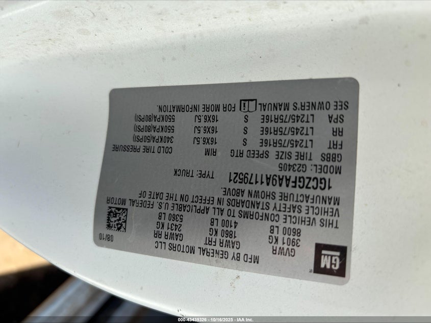 2010 Chevrolet Express 2500 Work Van VIN: 1GCZGFAA9A1179521 Lot: 43439326