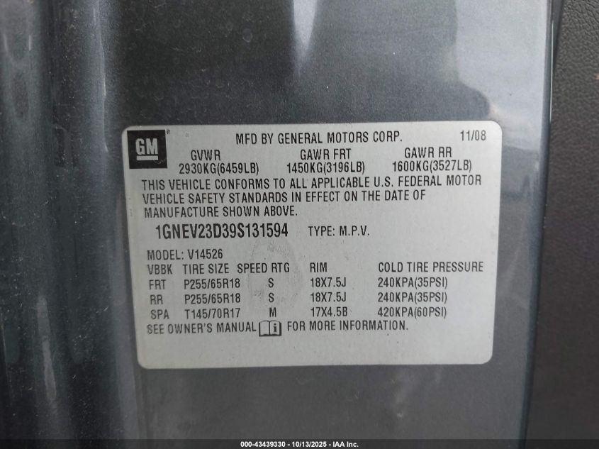 2009 Chevrolet Traverse Lt VIN: 1GNEV23D39S131594 Lot: 43439330