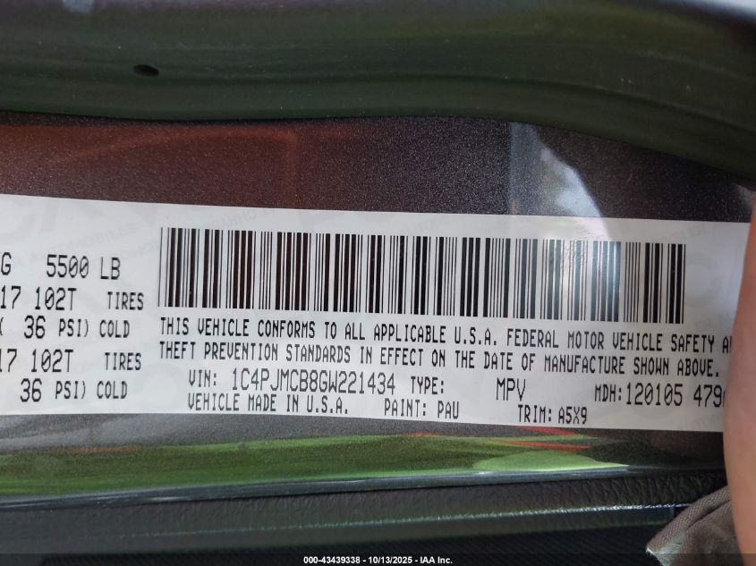 2016 Jeep Cherokee Latitude VIN: 1C4PJMCB8GW221434 Lot: 43439338