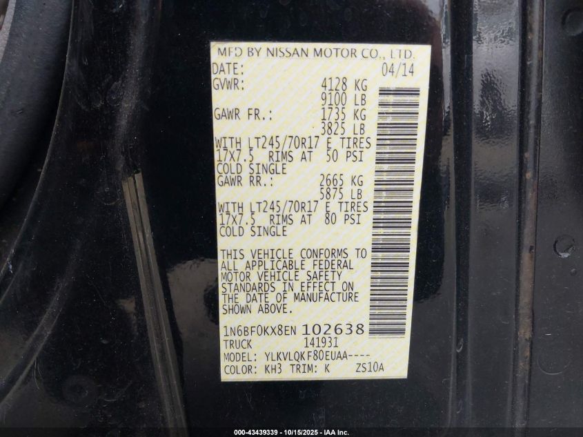 2014 Nissan Nv Cargo Nv2500 Hd S V6 VIN: 1N6BF0KX8EN102638 Lot: 43439339