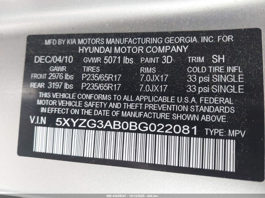 2011 Hyundai Santa Fe Gls VIN: 5XYZG3AB0BG022081 Lot: 43439347