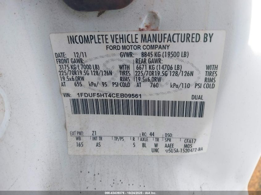 2012 Ford F-550 Chassis Xl VIN: 1FDUF5HT4CEB09561 Lot: 43439376