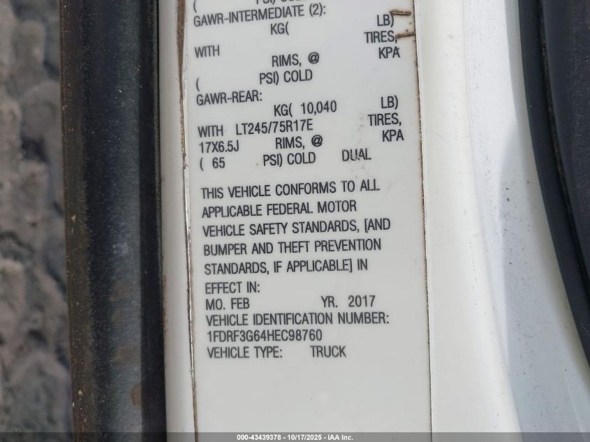 2017 Ford F-350 Chassis Xl VIN: 1FDRF3G64HEC98760 Lot: 43439378