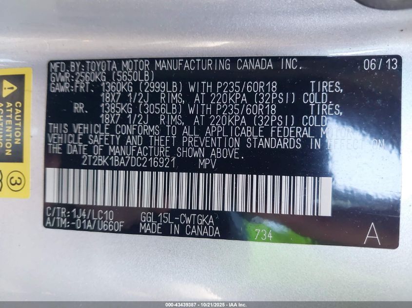 2013 Lexus Rx 350 VIN: 2T2BK1BA7DC216921 Lot: 43439387