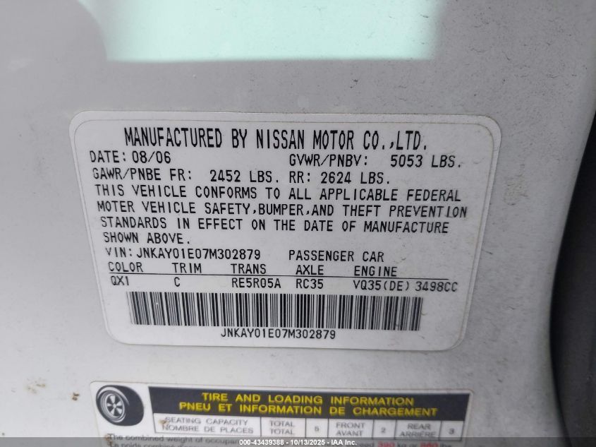 2007 Infiniti M35 VIN: JNKAY01E07M302879 Lot: 43439388