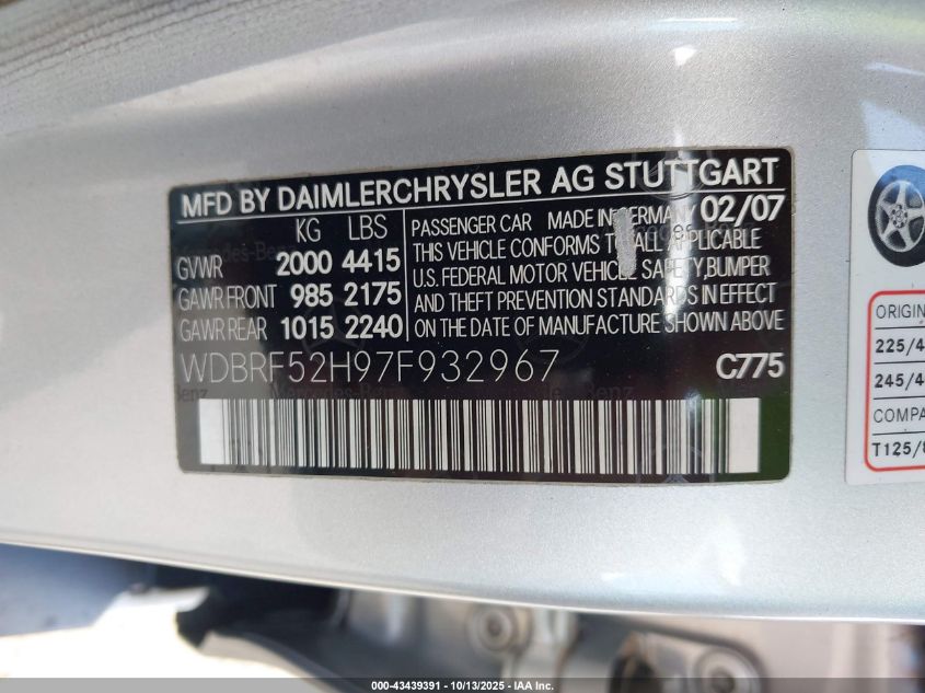 2007 Mercedes-Benz C 230 Sport VIN: WDBRF52H97F932967 Lot: 43439391