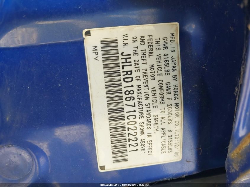 2001 Honda Cr-V Ex VIN: JHLRD18671C022221 Lot: 43439412