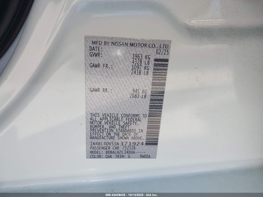 2025 NISSAN ALTIMA SV FWD 1N4BL4DV5SN371924