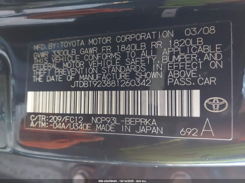 2008 Toyota Yaris VIN: JTDBT923881260342 Lot: 43439445