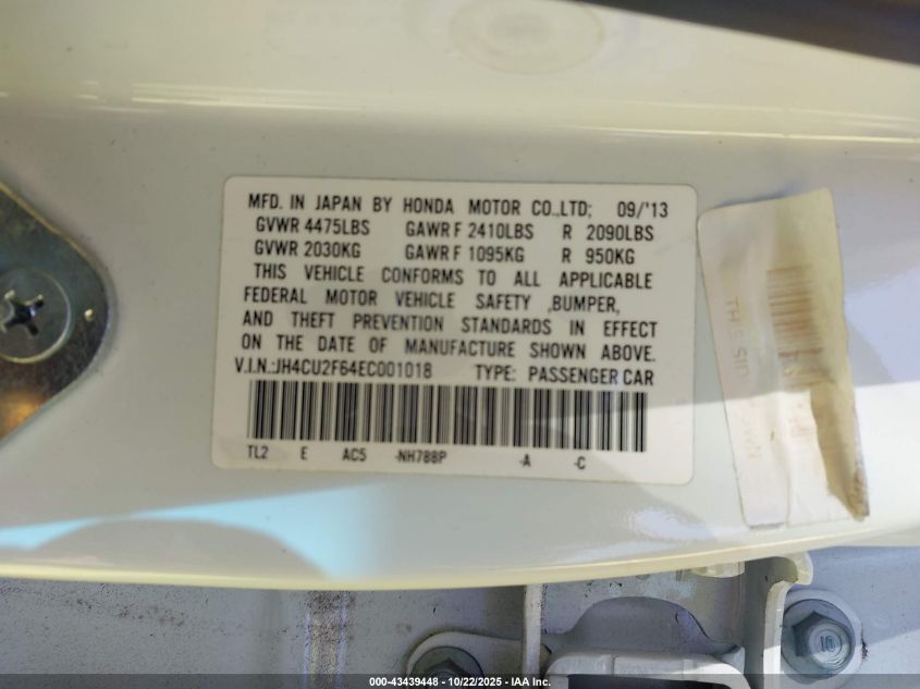 2014 Acura Tsx 2.4 VIN: JH4CU2F64EC001018 Lot: 43439448