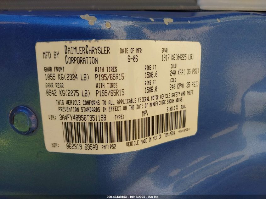 2006 Chrysler Pt Cruiser VIN: 3A4FY48B56T351198 Lot: 43439453