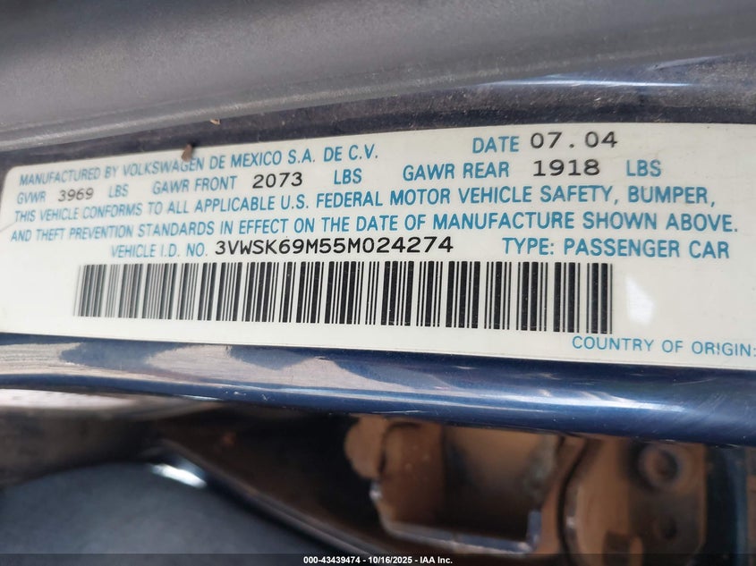 3VWSK69M55M024274 2005 VOLKSWAGEN JETTA photo no. 9