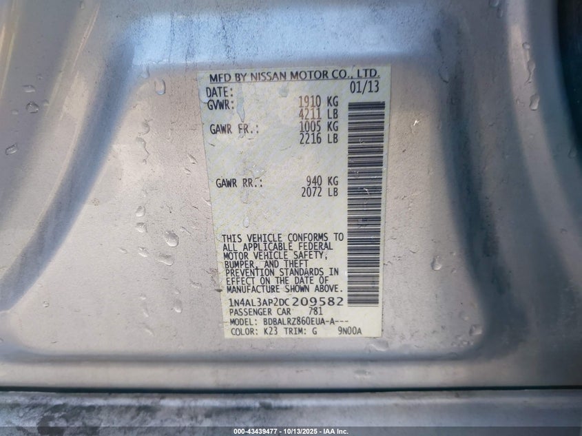 2013 NISSAN ALTIMA 2.5 S 1N4AL3AP2DC209582