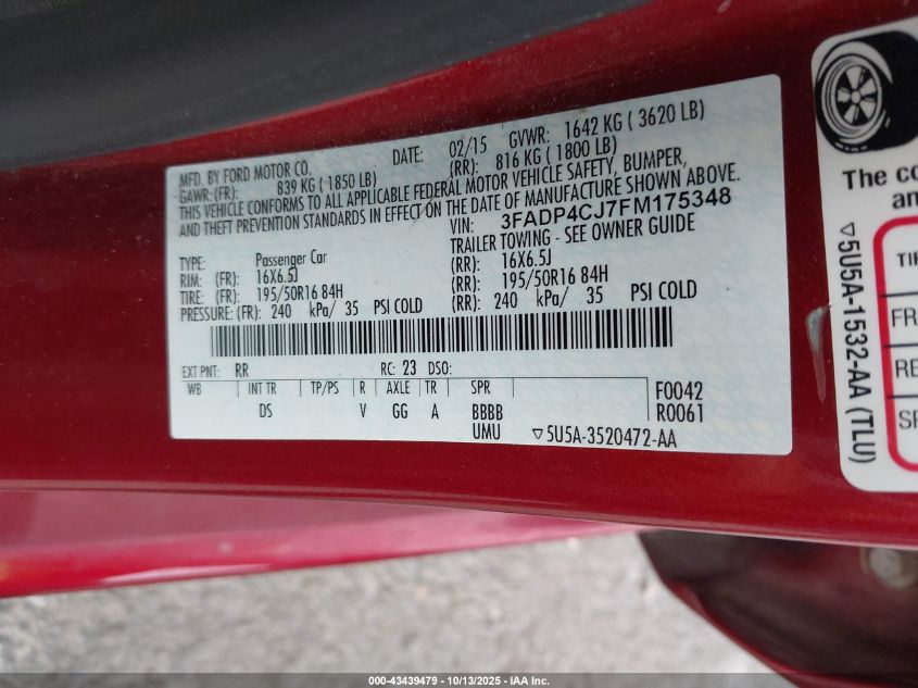 2015 Ford Fiesta Titanium VIN: 3FADP4CJ7FM175348 Lot: 43439479