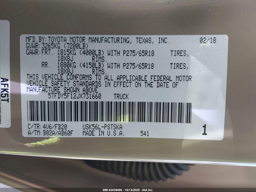 2018 Toyota Tundra Sr5 5.7L V8 VIN: 5TFDY5F12JX731660 Lot: 43439486