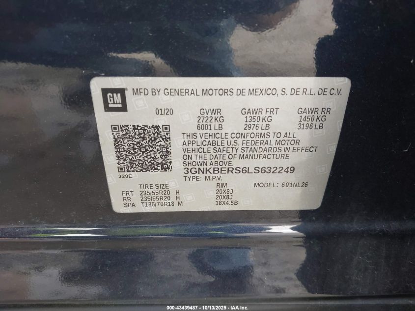 2020 Chevrolet Blazer Fwd Rs VIN: 3GNKBERS6LS632249 Lot: 43439487