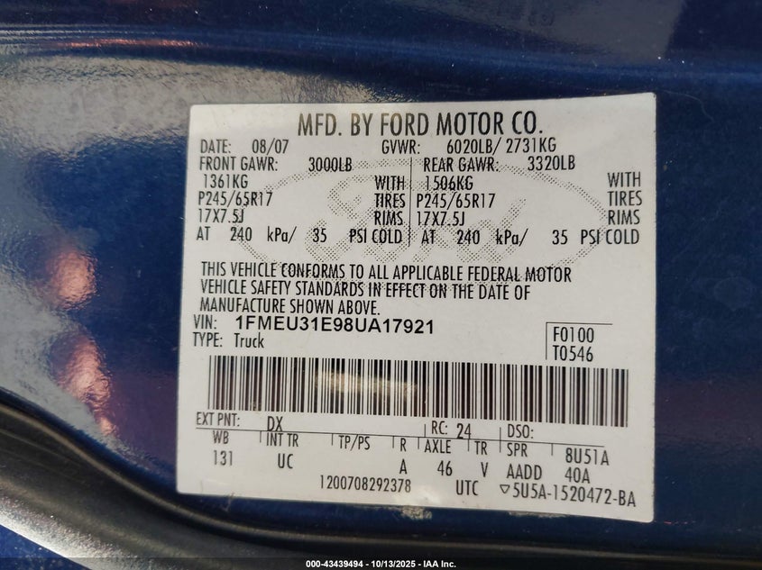 2008 Ford Explorer Sport Trac Xlt VIN: 1FMEU31E98UA17921 Lot: 43439494