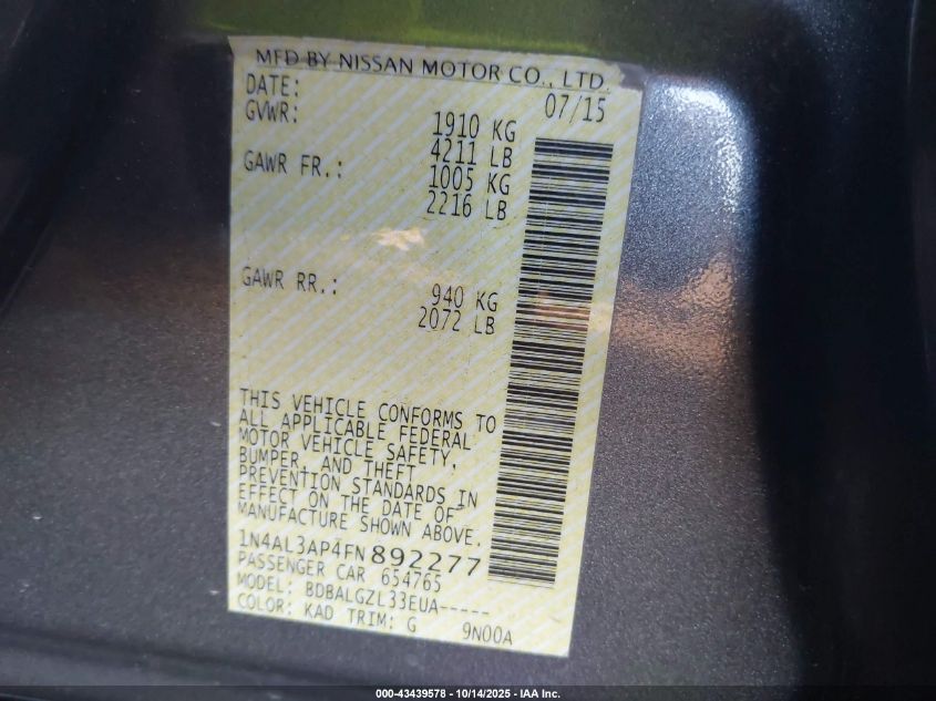 2015 Nissan Altima 2.5/2.5 S/2.5 Sl/2.5 Sv VIN: 1N4AL3AP4FN892277 Lot: 43439578