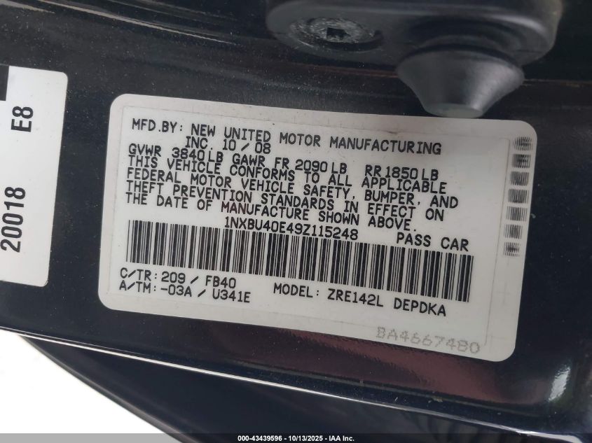 2009 Toyota Corolla Le VIN: 1NXBU40E49Z115248 Lot: 43439596