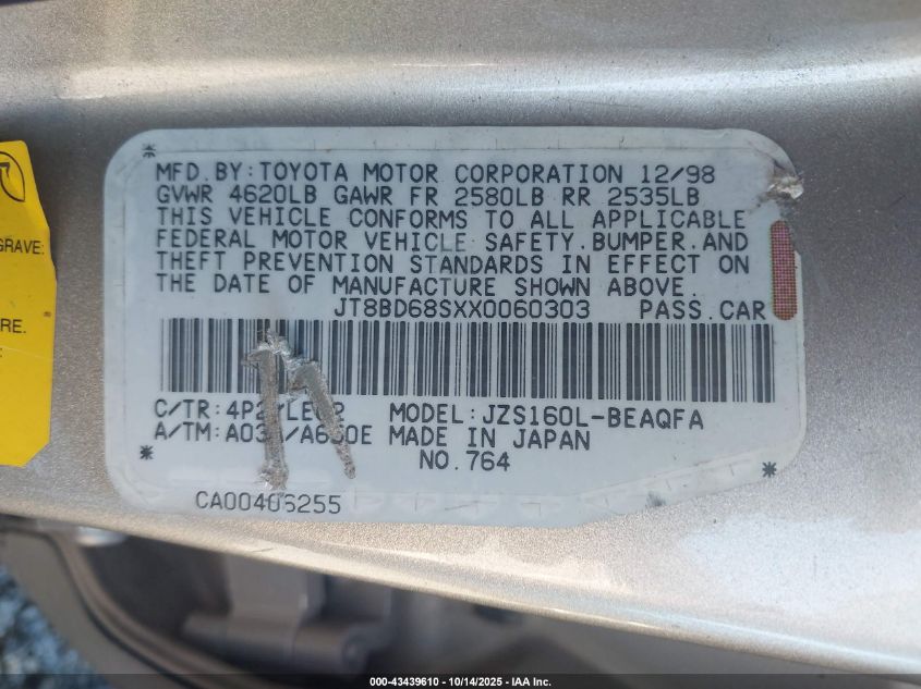 1999 Lexus Gs 300 VIN: JT8BD68SXX0060303 Lot: 43439610