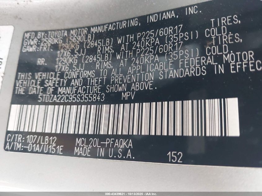 2005 Toyota Sienna Xle VIN: 5TDZA22C95S355843 Lot: 43439621