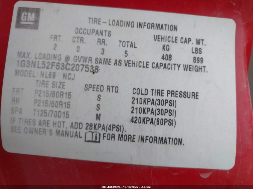 2003 Oldsmobile Alero Gl1 VIN: 1G3NL52F63C207538 Lot: 43439628